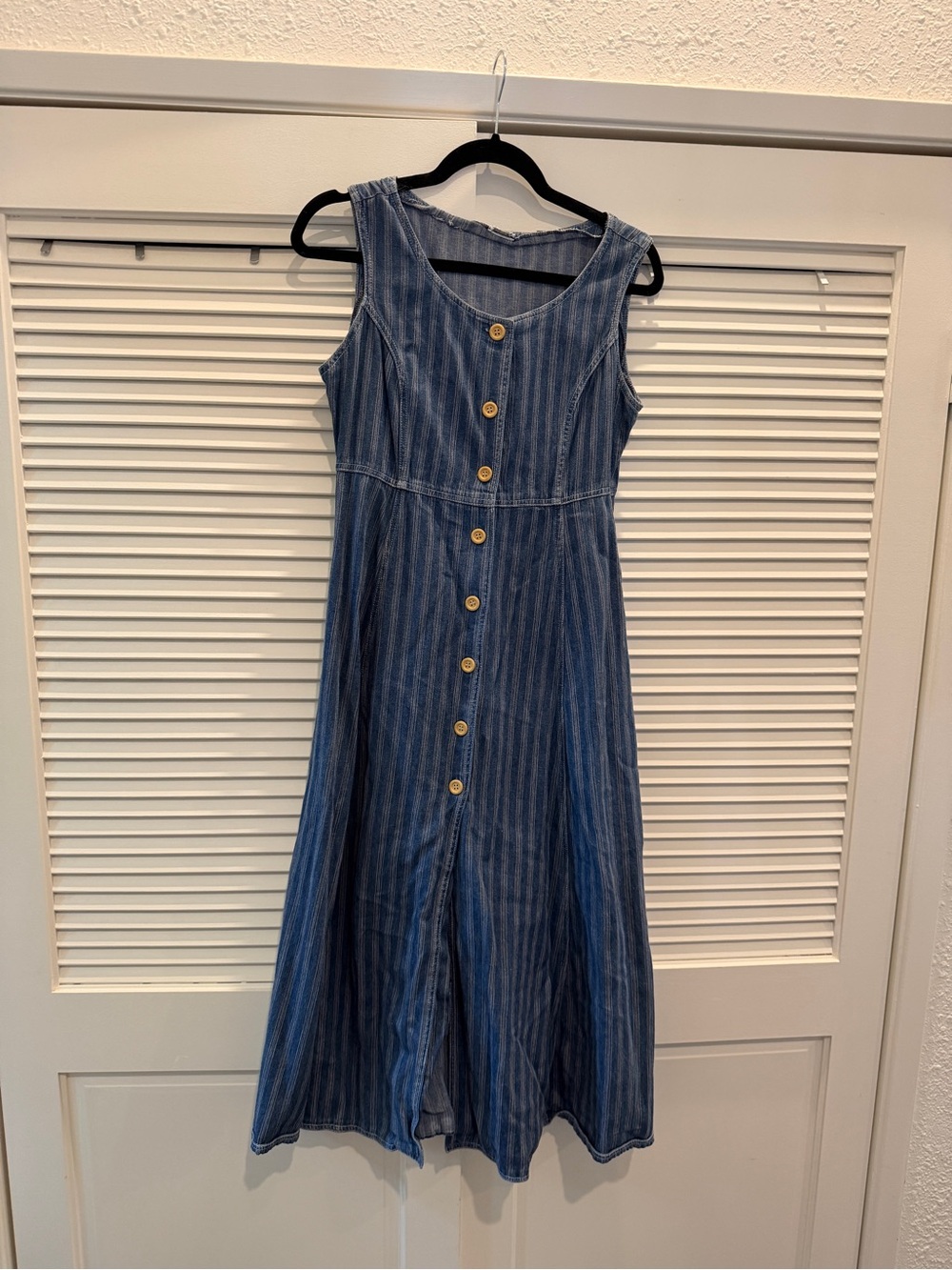 Vintage Railroad Striped Button-Front Sleeveless Dress - Blue